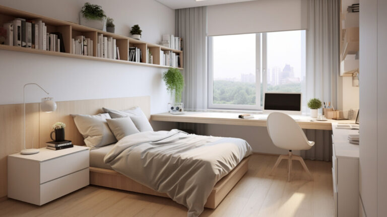 Decoração de quarto pequeno com cama minimalista e mesa de trabalho elegante.